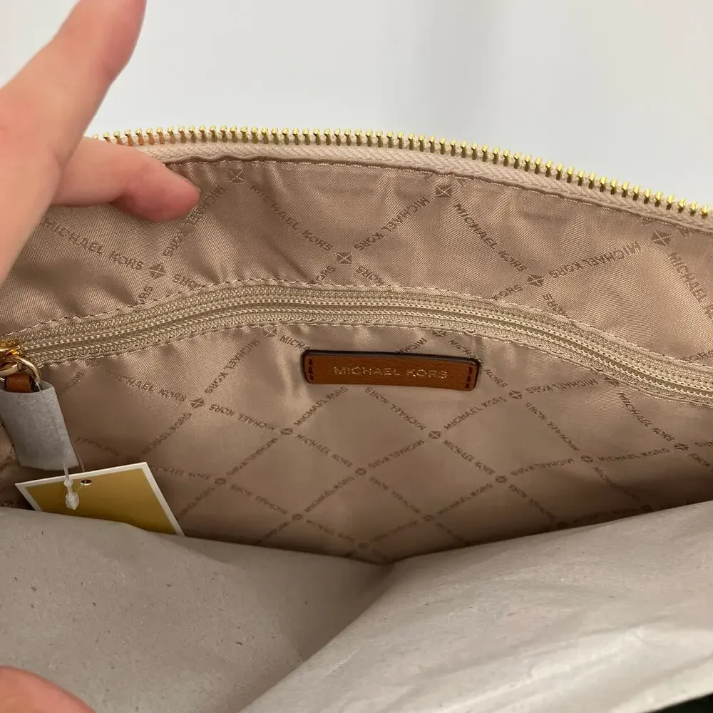 Michael Kors Cream Brown Vanilla Gold Monogram Charlotte Large TZ Tote Bag Purse